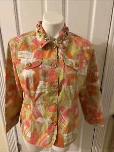 Ruby Rd. Women's Button Up Jacket Top Size 10 Lime peach white Beaded Collar - Picture 1 of 12