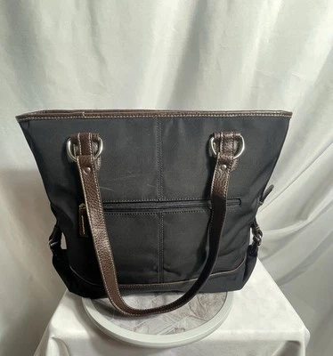 CHAPS черный нейлона сумка с короткими ручками коричневый искусственной кожи отделки лошадь стремя подвеска 13 x 10 - Изображение 1 из 4