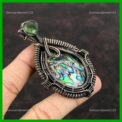 Copper Abalone Shell Stone Green Amethyst Art Deco Wire Wrapped Pendant Jewelry - Изображение 1 из 4
