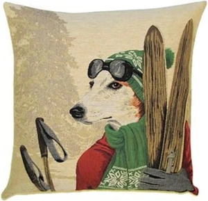 JACK RUSSELL DOG SKIER 18" BELGIAN TAPESTRY CUSHION PILLOW COVER WITH ZIP, 5231 - Picture 1 of 4