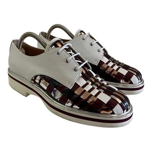 POLLINI Size 39 Laced Leather Shoes Burgundy Silver Woven Plaid Derby - Picture 1 of 10
