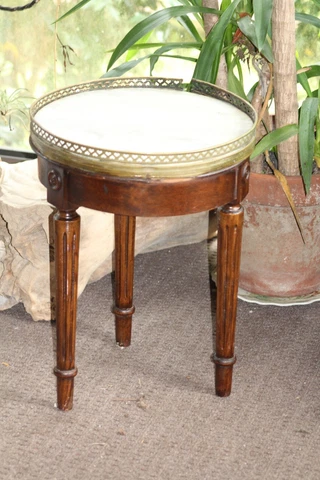 Antique Marble Top Accent Side Table, French LOUIS XVl Style, Brass Accents Cover