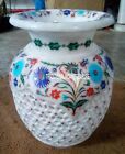 6" Marble White Pot Turquoise Lattice Multi Art Inlay Floral Pietradura Decor