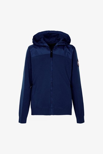 Felpa con cappuccio ponte a vento autentica Canada Goose donna lana lavorata a maglia blu navy etichetta nera