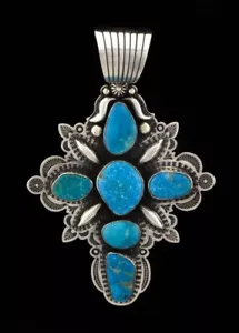 Ciondolo a croce grande diamante blu naturale dell'artista Navajo Albert Jake - Foto 1 di 3