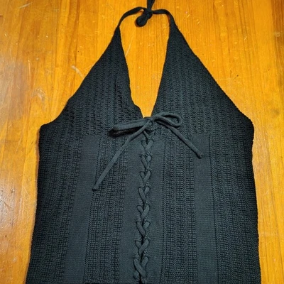 Forever 21 черный вязаный с бретелью через шею шнурует вверх укороченный Топ женщин размер XL богемное фестиваль готики - Изображение 1 из 4