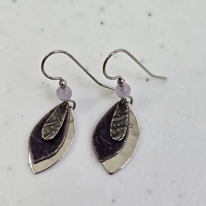 Silver Forest Purple Earrings Dangle Silver Tone Textured Layered Small Boho - Picture 1 of 6
