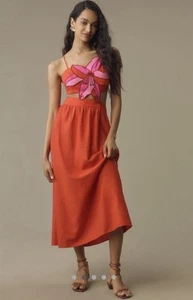 Farm Rio Floral Bodice Linen A-Line Midi Dress Size XL Red - Picture 1 of 7