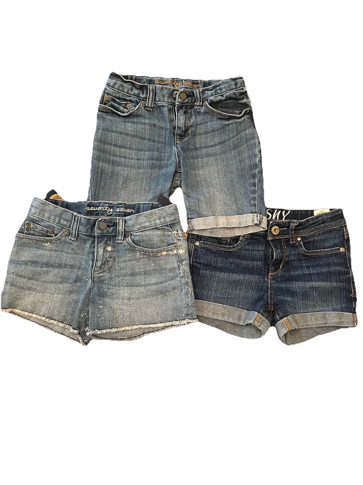 Shorts jeans feminino tamanho 8 conjunto de 3 pares um PSNY e dois 77 crianças da American Eagle - Imagem 1 de 4
