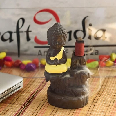 Meditating Monk Buddha Smoke Backflow Cone Incense Holder Showpiece-Yellow - Image 1 of 4