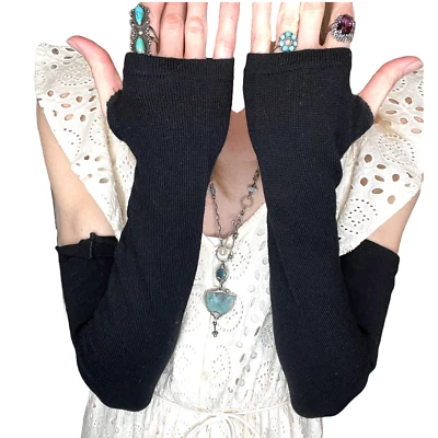 Cashmere Arm Warmers Black Knit Fingerless Gloves Long Elbow Length Lightweight - Image 1 of 4