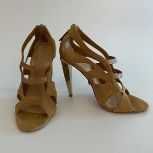 L.A.M.B. Tan Leather And Suede Strappy Sandals With Gold Heel Size 6.5M - Picture 1 of 6