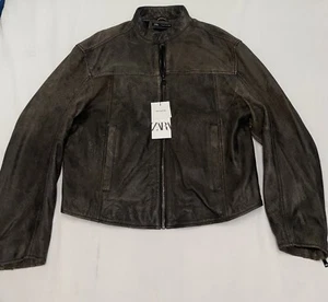 ZARA VINTAGE EFFECT CROPPED 100% LEATHER JACKET SIZE LARGE - Picture 1 of 6