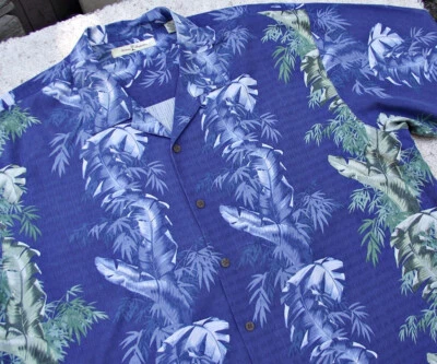 GRAN PATRÓN De Colección Tommy Bahama Para Hombres Camisa Hawaiana Hojas Azules 2XL Seda Foto 1 de 4