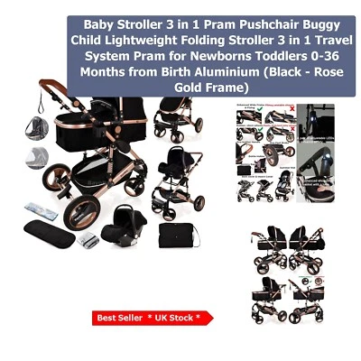 Foldable 3-in-1 Baby Stroller with Stylish Black-Rose Gold Design - Lightweight - Image 1 of 4