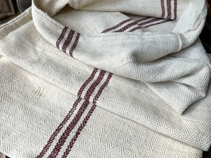 Handgewebter alter heller Fischgrät Leinen Sack mit farbigen  Mittelstreifen - Bild 1 von 7