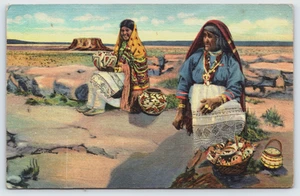 Postcard Acoma Pueblo New Mexico Indian Women Pottery Vendors c1930's Linen - Picture 1 of 3