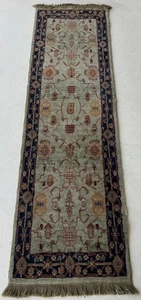 Tappeto 90" lungo x 25,5" verde oliva con zona lana orientale blu scuro FUNNER - Foto 1 di 12