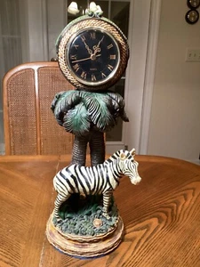Zebra clock resin sculptured under palm trees 15"Ht. Functioning Clock E4 - Picture 1 of 5