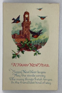 Postal Feliz Año Nuevo Iglesia Pájaros Acebo E33 - Imagen 1 de 2