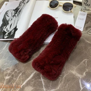 Womens Real Rabbit Rex Fur Fingerless Knitted Elastic Gloves Sleeves Mittens - Picture 1 of 24