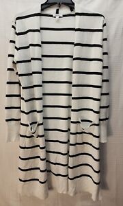 Nine West Cardigan Sweater Women Med Open Front Knit Long Striped White Blk 