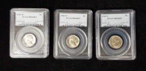 Set of 3 5c Jefferson Nickels 1943-P, 1943-D, 1943-S PCGS MS66FS - Picture 1 of 6