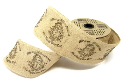 Vatican Homes Wired Christmas Ribbon Tan Santa Jute 3" x 10 yards - Image 1 of 4