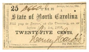 1861 State of North Carolina, Raleigh, NC 25c Note No.4660 CR55 (59118) - Picture 1 of 2
