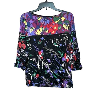 Elie Tahari Blouse Women’s Medium Pullover 3/4 Sleeve Dark Floral Colorful Artsy - Picture 1 of 6