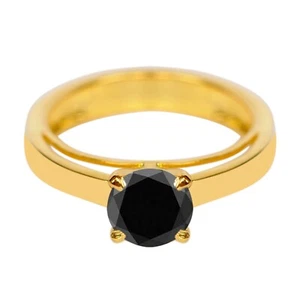 2.00Ct Round Shape Natural Jet Black Diamond Solitaire Ring In 14KT Yellow Gold - Picture 1 of 6