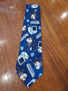 Vintage 1998 Looney Tunes 100% Silk Necktie Blue Taz With Computers Neck Tie - Picture 1 of 6