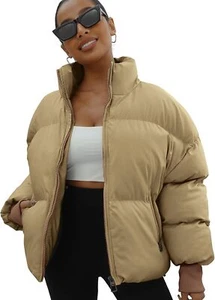 Winter Puffer Jacket Women Cropped Baggy Down Coats Long Sleeves Zip Puffy Jacke - Picture 1 of 15