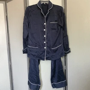 LilySilk White Piping Silk Pajamas Set Navy Blue Sz. XS - Picture 1 of 13
