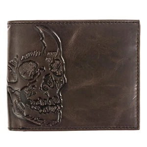 Skull Leather Wallet Double ID Bifold Full Grain, Biker, Rocker, Unisex Must Hav - Picture 1 of 8