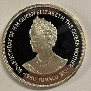 1980 Tuvalu $10 - Reina Madre Cumpleaños Plata Prueba - Envío Gratis - Imagen 1 de 2
