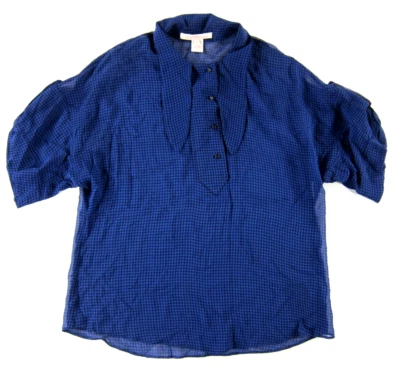 Blusa Charlotte Ronson 100 % seda azul transparente negra a cuadros manga corta cuello L Foto 1 de 4