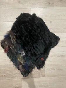 Adrienne Landau Rabbit Black Accent Color Fur Poncho One Size Asymmetrical - Picture 1 of 8