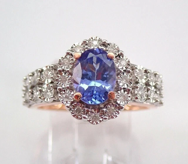 Anel de noivado de halo de tanzanita corte oval 1,50 ct folheado a ouro rosa 14K - Imagem 1 de 1