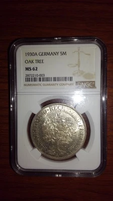 1930A Germany Silver 5M Oak Tree NGC MS62 - Image 1 of 2