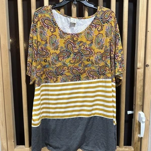 Terra & Sky Shirt Womens 4X 28W 30W Yellow Gray Paisley Stripe Colorblock Boho - Picture 1 of 8