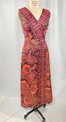 Vintage Dress SIZE SMALL orange pink paisley psychedelic 60s 70s maxi sheath - Image 1 of 4