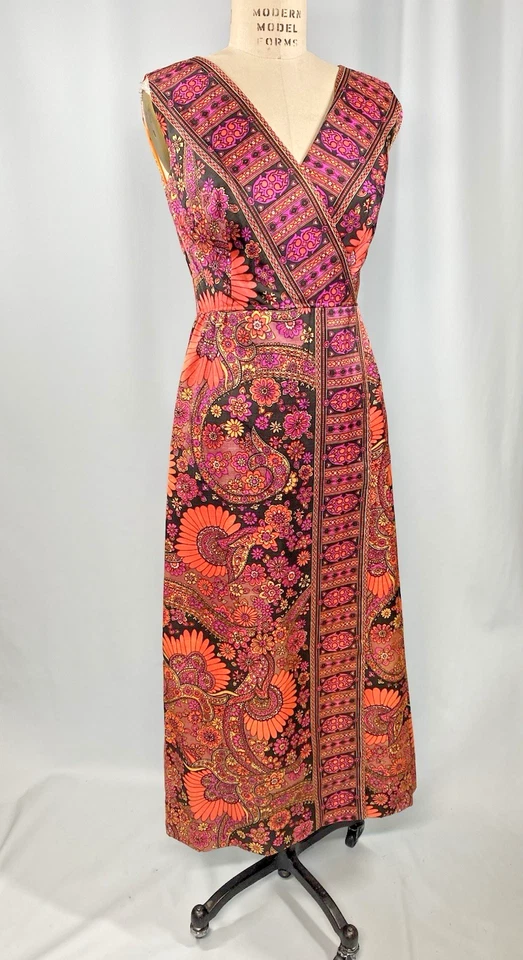 Vintage Dress SIZE SMALL orange pink paisley psychedelic 60s 70s maxi sheath - Image 1 of 4