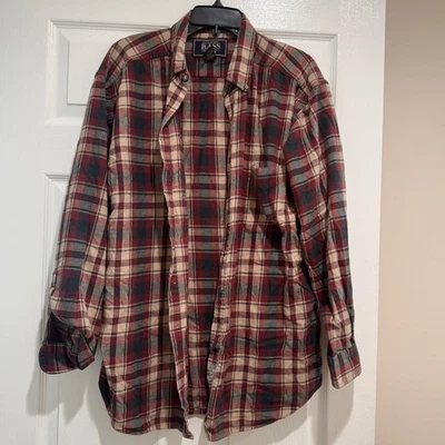 G H BASS & CO MEN FLANNEL SHIRT PLAID BROWN BURGUNDY SIZE LARGE GUC - Image 1 of 4