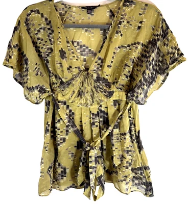 Ted Baker Olive Green Top 100% Silk Chiffon Tie Back UK 10 Lightweight Blouse - Image 1 of 4