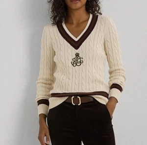 Lauren Ralph Lauren cremefarbener Cricket-Pullover mit Zopfmuster Größe Small Damen V-Ausschnitt - Bild 1 von 12