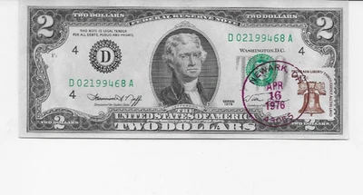 1976  $2 Federal Reserve Note  FIRST DAY ISSUE  Newark, Ohio W/ Stamps  UNC. - Image 1 of 2