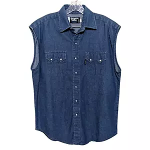 Vintage Brooks & Dunn Panhandle Sleeveless Denim Shirt Large Pearl Snap Western - Picture 1 of 9