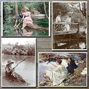 Niñas Mujeres Pesca 1899-1919 Tronco Puente Bosques Lago Arroyo 5x7 Fotos o Req. CD - Imagen 1 de 1