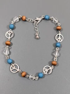 Peace Sign Chain Bracelet Blue Brown Bead Boho Western Style 9-10 inches - Picture 1 of 7